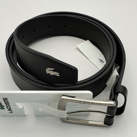 NWT Lacoste Men\'s Black Leather Belt Silver Buckle Crocodile Logo Size 40 110